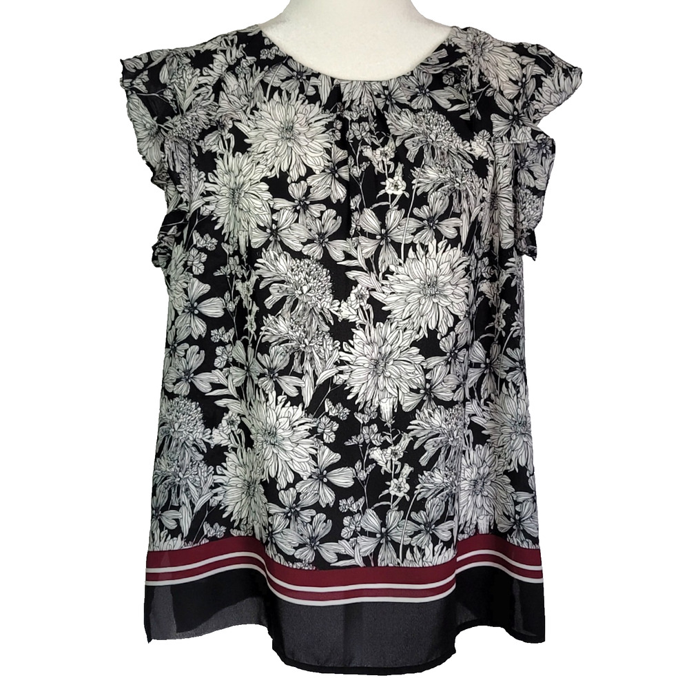 LIZ CLAIBORNE Career Black White Floral Burgundy Band Blouse Top Womens Sz: L